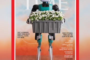 Front cover of November issue of TIME magazine. A robot is holding a tray of petunias.