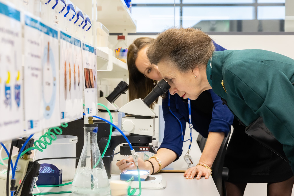 Her Royal Highness looking at fruit flies with post doctoral researcher Claudia Lennicke. (Credit: Paul Clarke Photography)